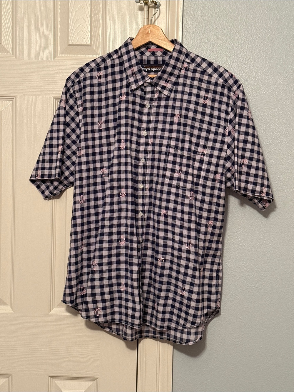 Reyn Spooner Mens Shirt XL Navy Check & Pink Palm Trees - Button Down EUC